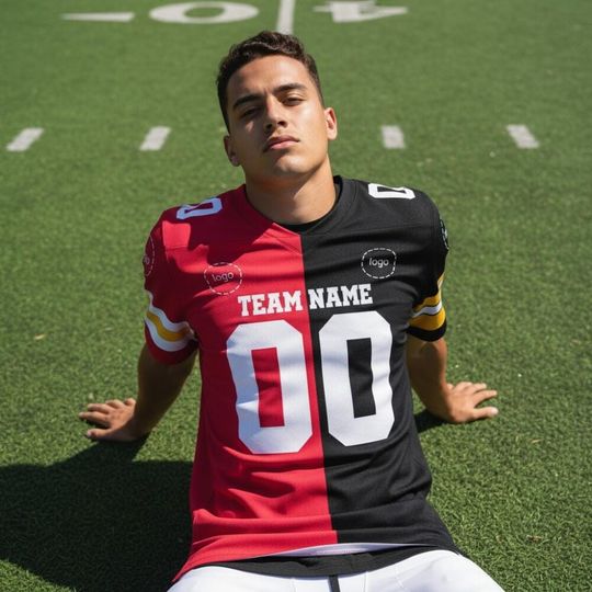 Personalized Any Two Team Red And Black Color Football Jersey, Split Half Uniform Jersey, Custom Short Sleeve Jersey, House devide jersey
