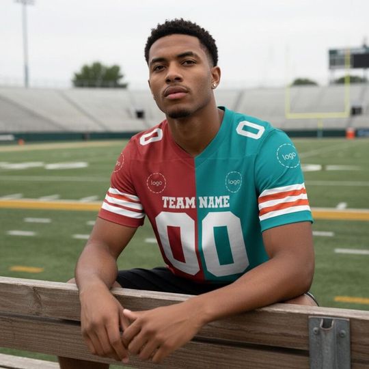 Personalized Any Two Team Red And Teal Color Football Jersey, Split Half Uniform Jersey, Custom Short Sleeve Jersey, House devide jersey