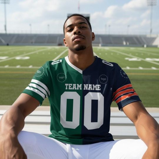 Personalized Any Two Team Green And Navy Color Football Jersey, Split Half Uniform Jersey, Custom Short Sleeve Jersey, House devide jersey