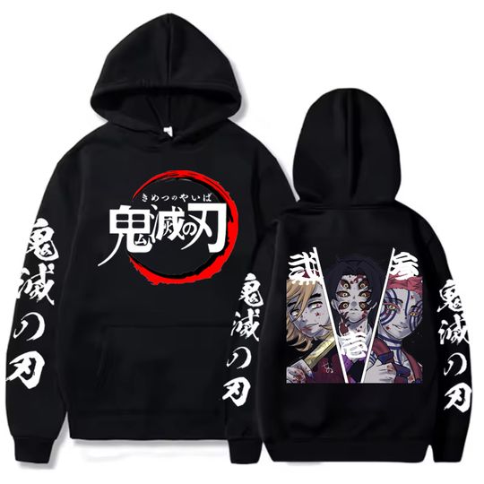 Anime demon Kokushibo Douma Retro Cartoon Men Hoodies Casual Harajuku Unisex Patchwork Winter Hooded Sweatshirts