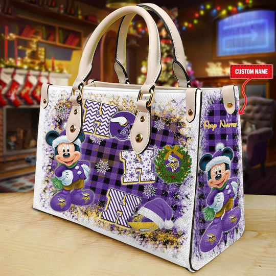 Custom Name football Minnesota Vikings Mickey Ho Ho Ho Christmas Leather Handbag