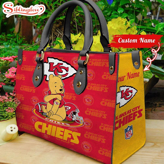 Custom Name football Kansas City Chiefs Pooh Bear Leather Handbag For Fans