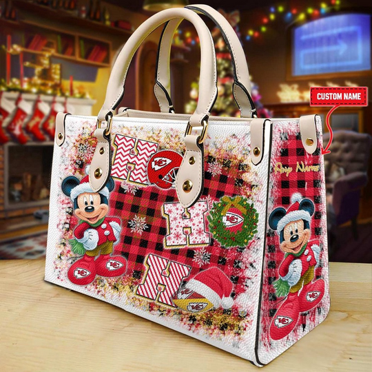 Custom Name football Kansas City Chiefs Mickey Ho Ho Ho Christmas Leather Handbag