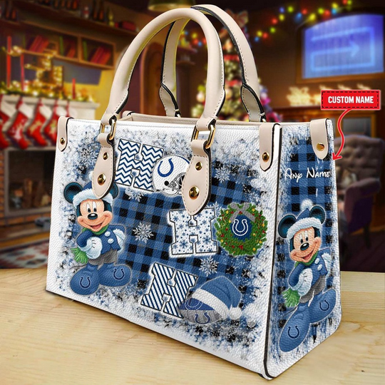 Discover Custom Name football Indianapolis Colts Mickey Ho Ho Ho Christmas Leather Handbag