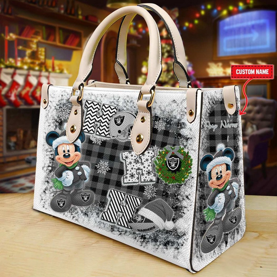 Custom Name football Las Vegas Raiders Mickey Ho Ho Ho Christmas Leather Handbag