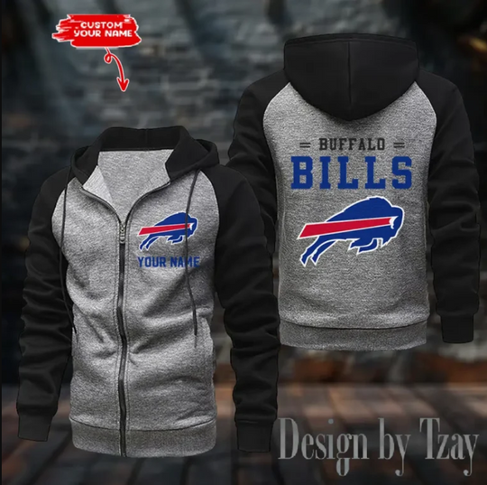 Buffalo Bills Dark Grey & Black Raglan Zip Hoodie, Football Lover Gift, Game Day