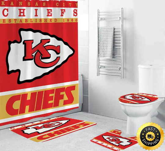 Kansas City Chiefs Flag Shower Curtain Football Bathroom Mat Set and Shower Curtain