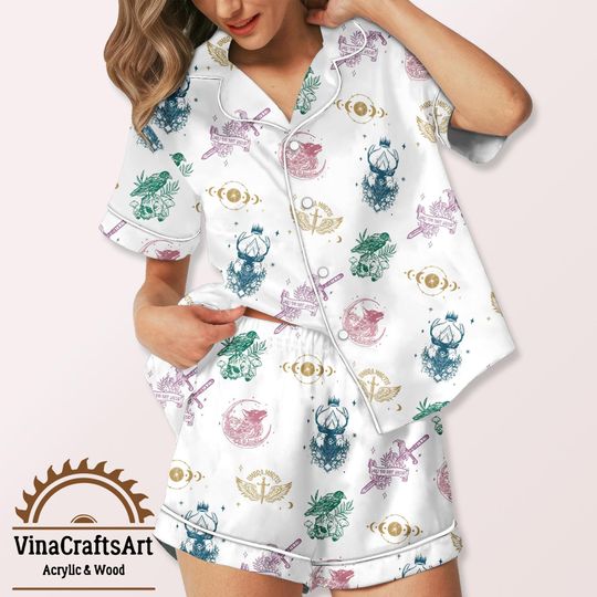 Discover Fantasy Satin Pajama Set for Women  Soft Short Sleeve Sleepwear with Magical Symbols, DnD & Book Lover Gift Idea