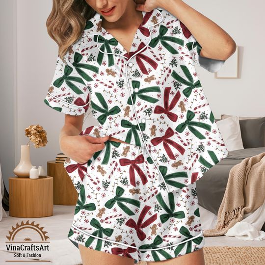 Discover Gingerbread Bow Christmas Pajamas Set, Holiday Bow & Candy Cane Pajamas, Cute Short Long Sleeve Sleepwear, Festive Xmas Pajamas Set