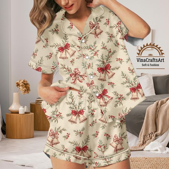Discover Christmas Bells Pajamas Set, Holiday Short Long Sleeve Sleepwear for Women, Festive Bow & Holly Pajamas, Cozy Christmas Pajamas Set