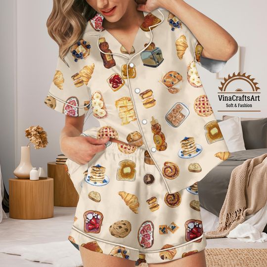 Discover Breakfast Pastry Pajamas Set, Cute Bakery Food Pajamas for Women, Soft Short Long Sleeve Sleepwear Set, Croissant Pancake Dessert Loungewear