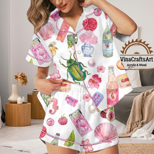Discover Whimsical Watercolor Groceries Pajama Set | Womens Cute Food Print PJs | Fun Eclectic Sleepwear with Fruits, Olive Oil & Trinkets
