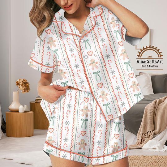 Discover Gingerbread Christmas Pajamas Set Women, Cute Xmas Short Sleeve Sleepwear, Holiday Matching Family Christmas Pajamas