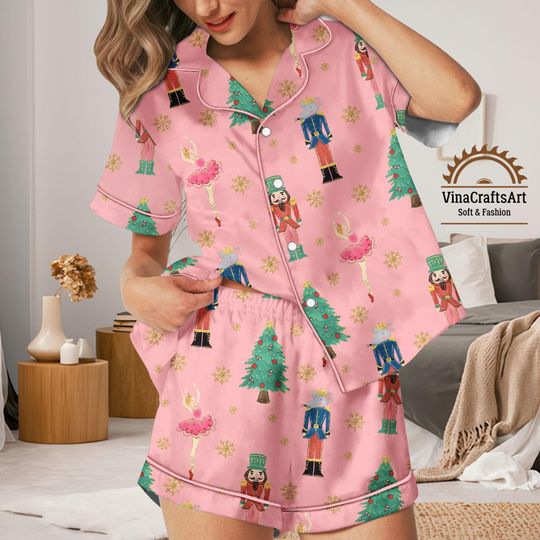 Discover Nutcracker Christmas Pajamas Set Women, Pink Short Long Sleeve Holiday Pajamas, Ballerina Cute Sleepwear, Christmas Tree Pajamas Set