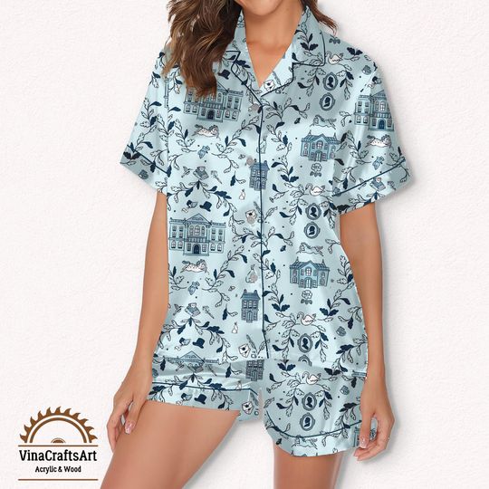 Discover Pride and Prejudice Light Blue Journal Pajamas Set, Jane Austen Toile Print Sleepwear, Toile Print Sleep Set, Literary Loungewear Gift