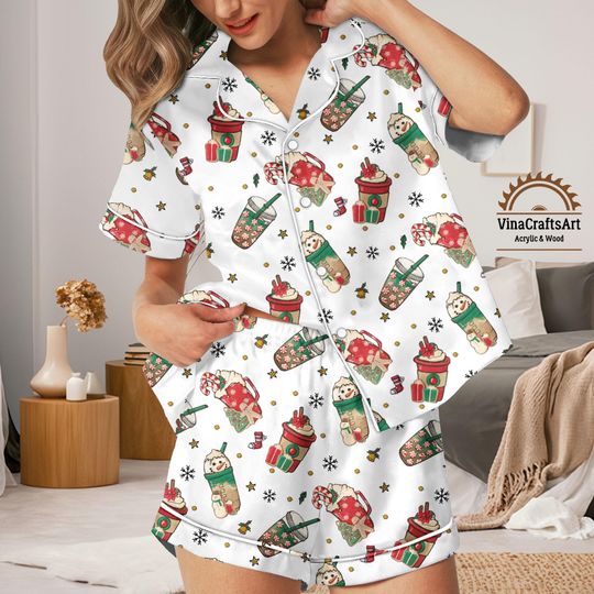 Discover Christmas Coffee Pajamas Set For Women, Cute Hot Winter Sleepwear, Holiday Latte Pajamas Shorts and Long Set, Cozy Winter Loungewear Gift