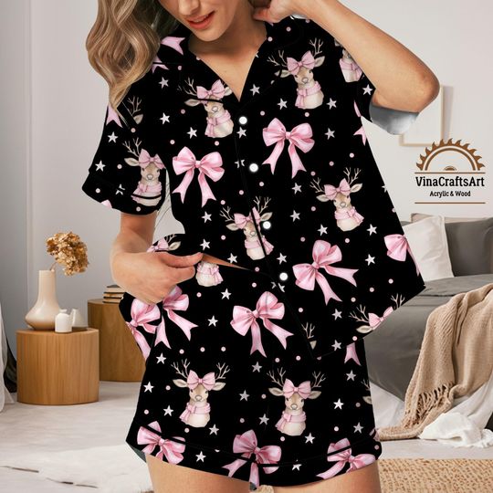 Discover Pink Bow Reindeer Christmas Pajamas Set For Women, Cute Deer And Star Sleepwear, Girly Holiday Shorts And Long Pajamas Set