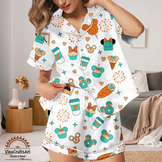 Discover Disney Snack Pajamas Set for Women, Cute Minnie Mickey Food Print Sleepwear Shorts Long Set, Summer Loungewear PJs Gift