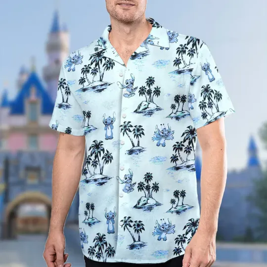 Discover Disney Blue Dog Summer Beach Palm Tree Lilo And Stitch Hawaiian Shirt