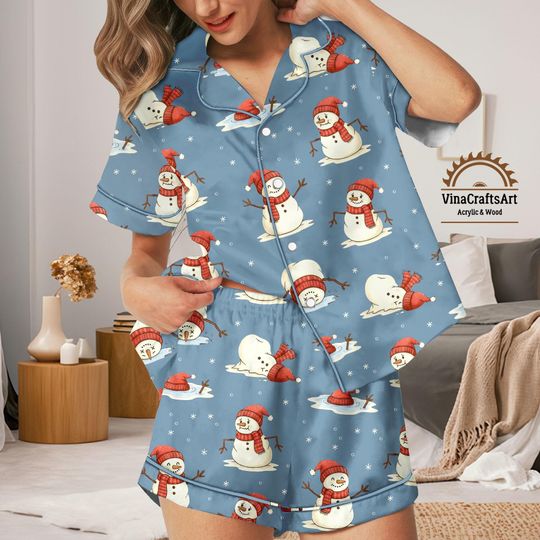 Discover Cute Snowman Christmas Pajamas Set For Women, Funny Melting Snowman Holiday Sleepwear, Festive Winter Pajama Shorts And Long Pajamas