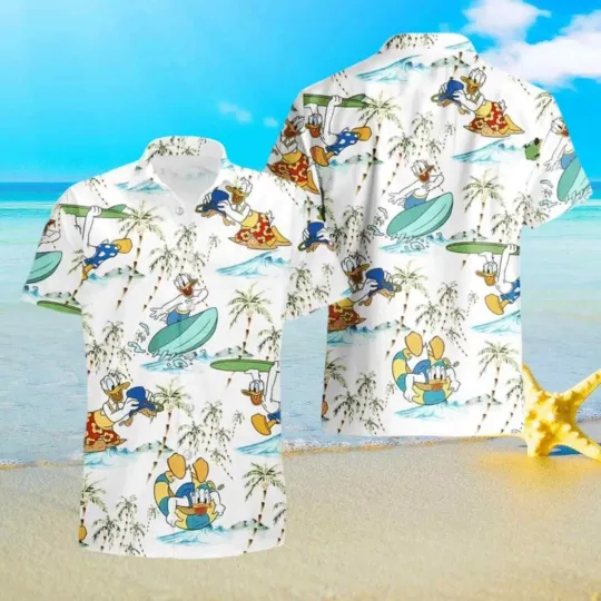 Discover Disney Donald Duck Surfing Tropical Palm Tree Summer Beach Vibes Hawaiian Shirt