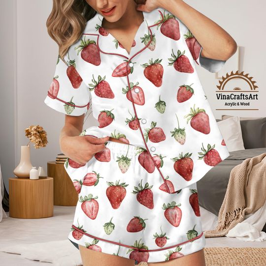 Discover Strawberry Pajamas Set for Women, Cute Fruit Print Sleepwear Shorts Long Set, Summer Loungewear PJs, Soft Comfy Pajama Gift for Her