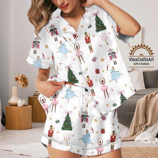 Nutcracker Christmas Pajamas Set, Womens Holiday Sleepwear Set with Ballet Dancer & Tree Print, Gift for Her