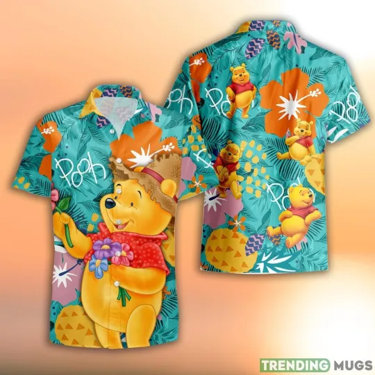 Disney Hawaiian Shirt Summer Beach Winnie The Pooh Clear Orange Floral Disney