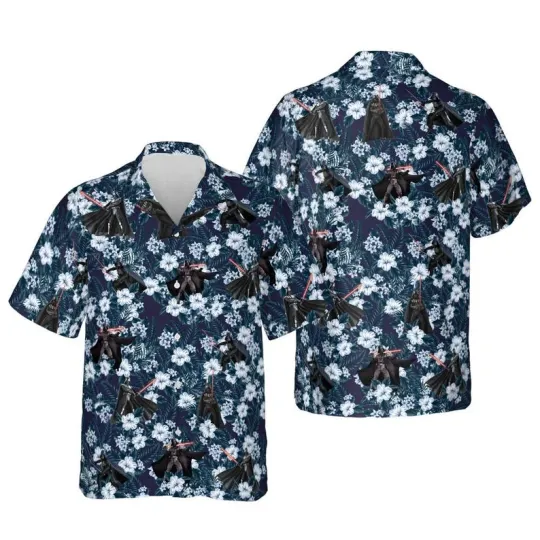 Discover Disney Star Wars Darth Vader Tropical Aloha Floral Blue Hawaiian Shirt