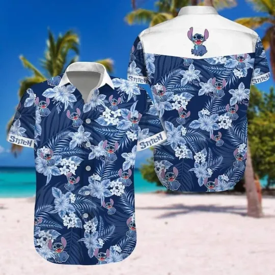 Discover Disney Summer Beach Stitch Tropical Disney Blue White Aloha Hawaiian Shirt