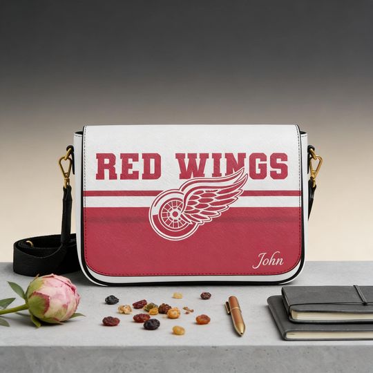 Personalized Detroit Red Wings Messenger Bag, Custom Name Hockey Fan Gift, PU Leather Crossbody Bag, Perfect Gift for Red Wings Fans
