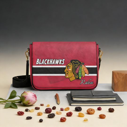 Personalized NHL Blackhawks Messenger Bag, Chicago Hockey Fan Crossbody Bag, Custom Sports Gift