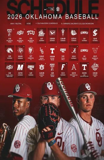 Oklahoma Sooners Baseball 2026 Schedule Poster 11 x 17 inches Oklahoma Baseball