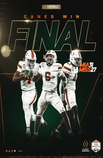 Discover Miami Hurricanes CFP Fiesta Bowl Champions Poster 11 x 17 Inches Miami Hurricane