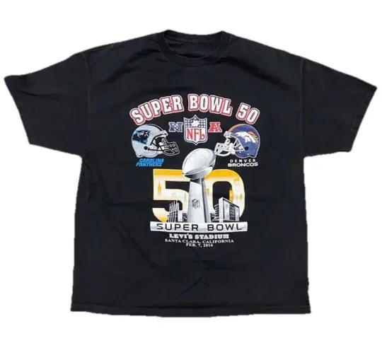 Discover Super Bowl 50 Bootleg T-shirt Size XL/XXL Denver Broncos football Football