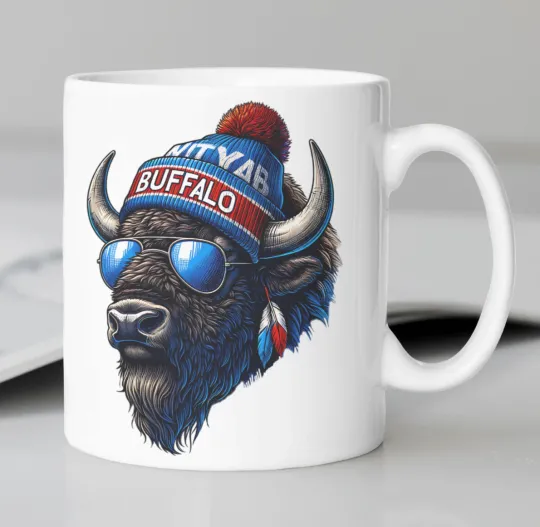 Buffalo Bills Mascot coffee mug stating, "BUFFALO"