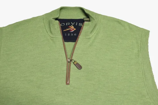 Discover ORVIS 1/4 ZIP 100% MERINO WOOL VEST--2XL--LEATHER TRIM--WRINKLE FREE--QUALITY!!!