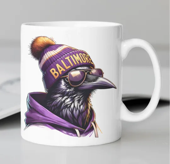 Baltimore Ravens Mascot coffee mug stating, "BALTIMORE"