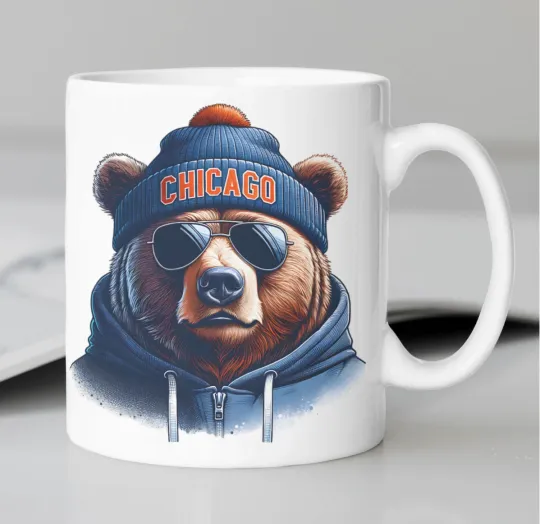 Discover Chicago Bears mascot coffee mug stating, "CHICAGO"