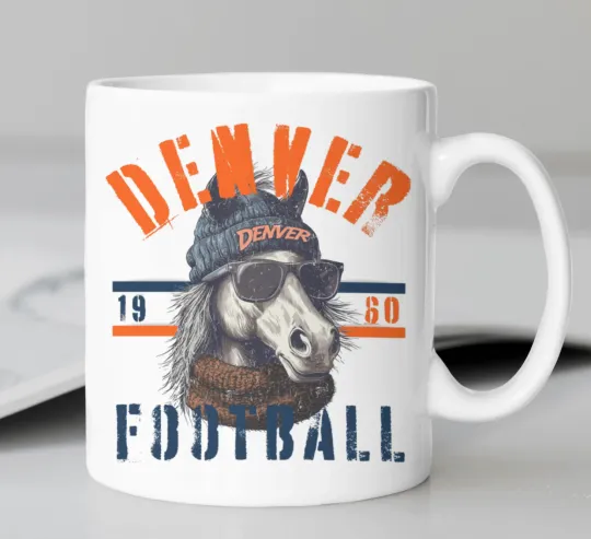 Discover Denver Bronco Football Mascot coffee mug stating,"DENVER 1960 FOOTBALL"