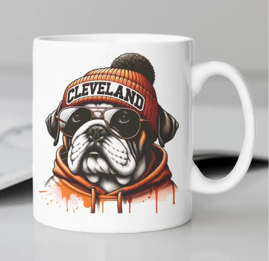 Cleveland Browns Mascot coffee mug stating, "CLEVELAND"