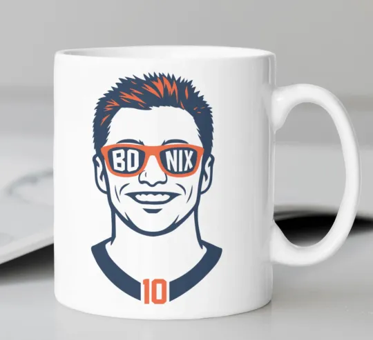 Denver Broncos quarterback Bo Nix Cartoon coffee mug, stating "BO NIX #10"