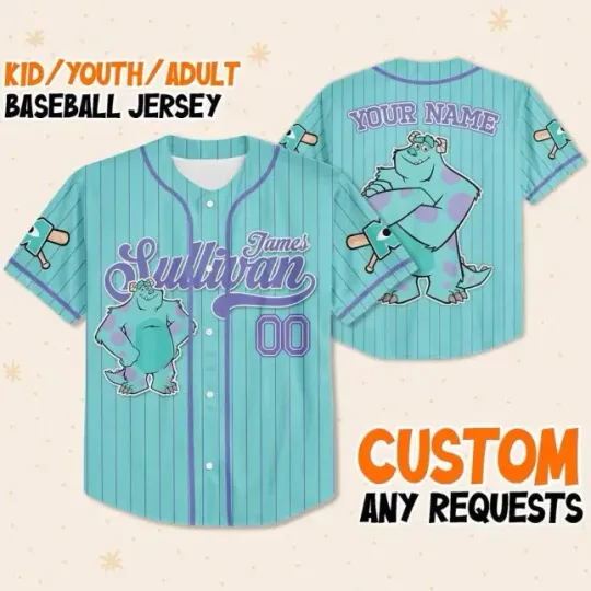 Custom Disney Monster Inc James Sullivan Cyan Baseball Jersey