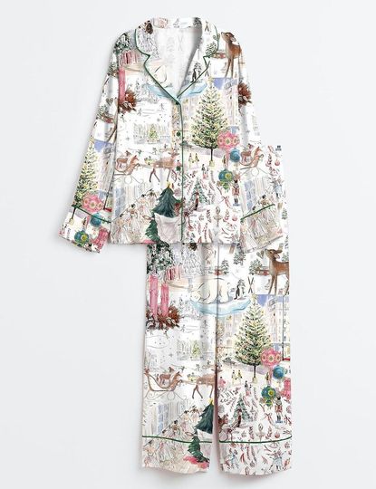 Discover Women's White Christmas Ballet Pajama Set with Christmas Tree and Elk