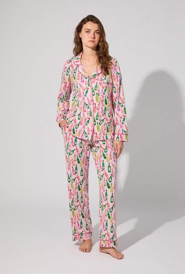 Discover Women’s Wine Bottle Pajama Set, Pink Wine Print Long Sleeve Sleepwear, Cozy Lounge Set for Adults, Birthday Gift for Wine Lovers