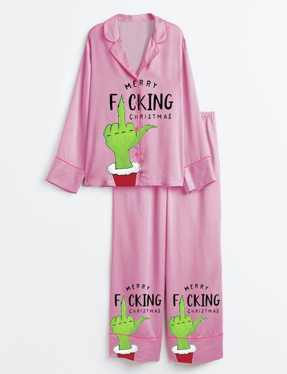 Discover Women's Pink Christmas Pajama Set with Funny Character Short Sleeve