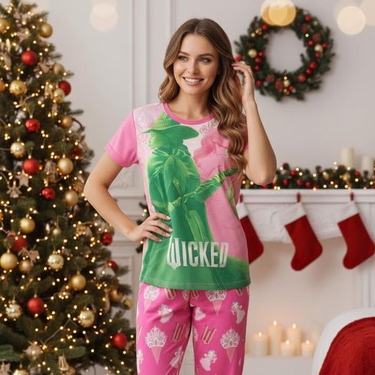 Discover Wick Musical Movie T-Shirt and Pants Pajama Set, Pink and Green Loungewear, Holiday Sleepwear