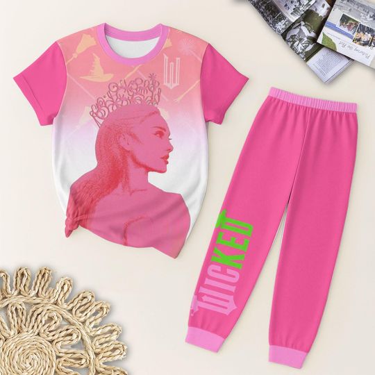 Glinda Wicked T-Shirt and Pants Pajama Set, Wizard of Oz Fan Gift, Pink and Green PJs, Pop Culture Musical Gift for Her