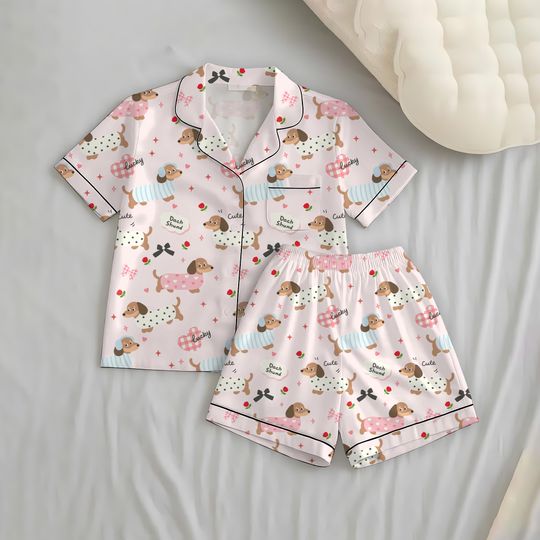 Discover Women’s Dachshund Pajama Set with Pocket, Cute Sausage Dog Loungewear, Kawaii Wiener Dog PJs, Gift for Dog Lovers