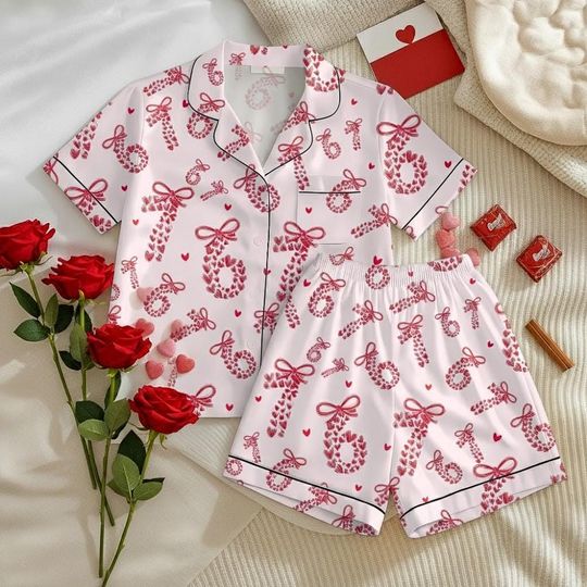 Discover Valentine 67 Meme Pajamas Set for Women, Pink Sleepwear with Pocket, Cozy Loungewear, Romantic Short Pajamas Set